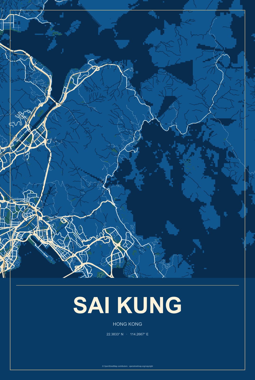 Sai Kung, Hong Kong City Map Aluminum Sign in Harbor Cobalt style