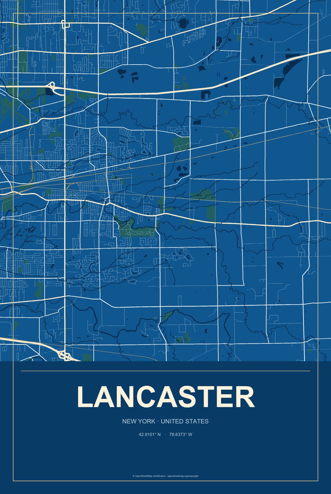 Lancaster, New York City Map Aluminum Sign in Harbor Cobalt style