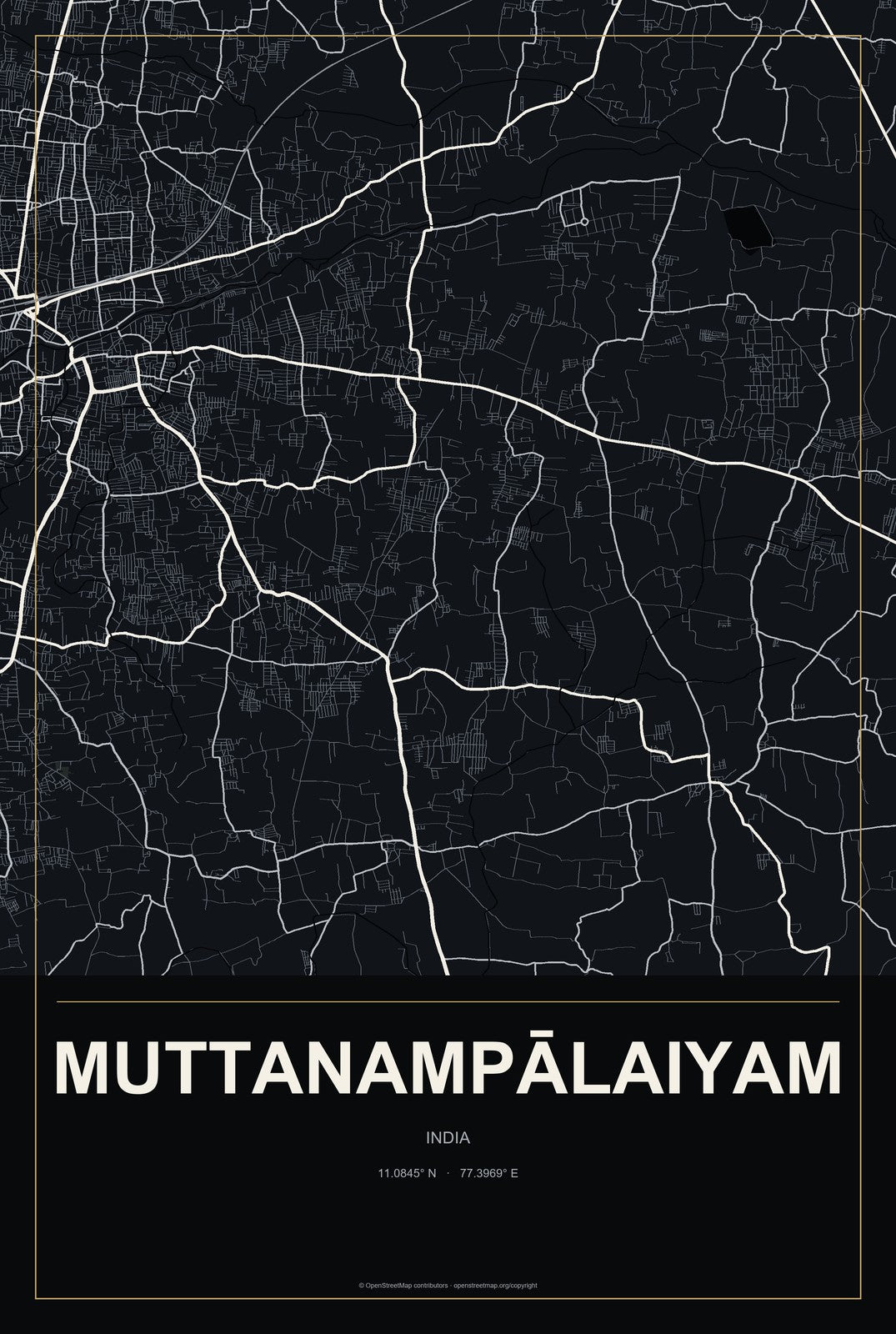 Muttanampālaiyam, India City Map Aluminum Sign in Metropolitan Noir style