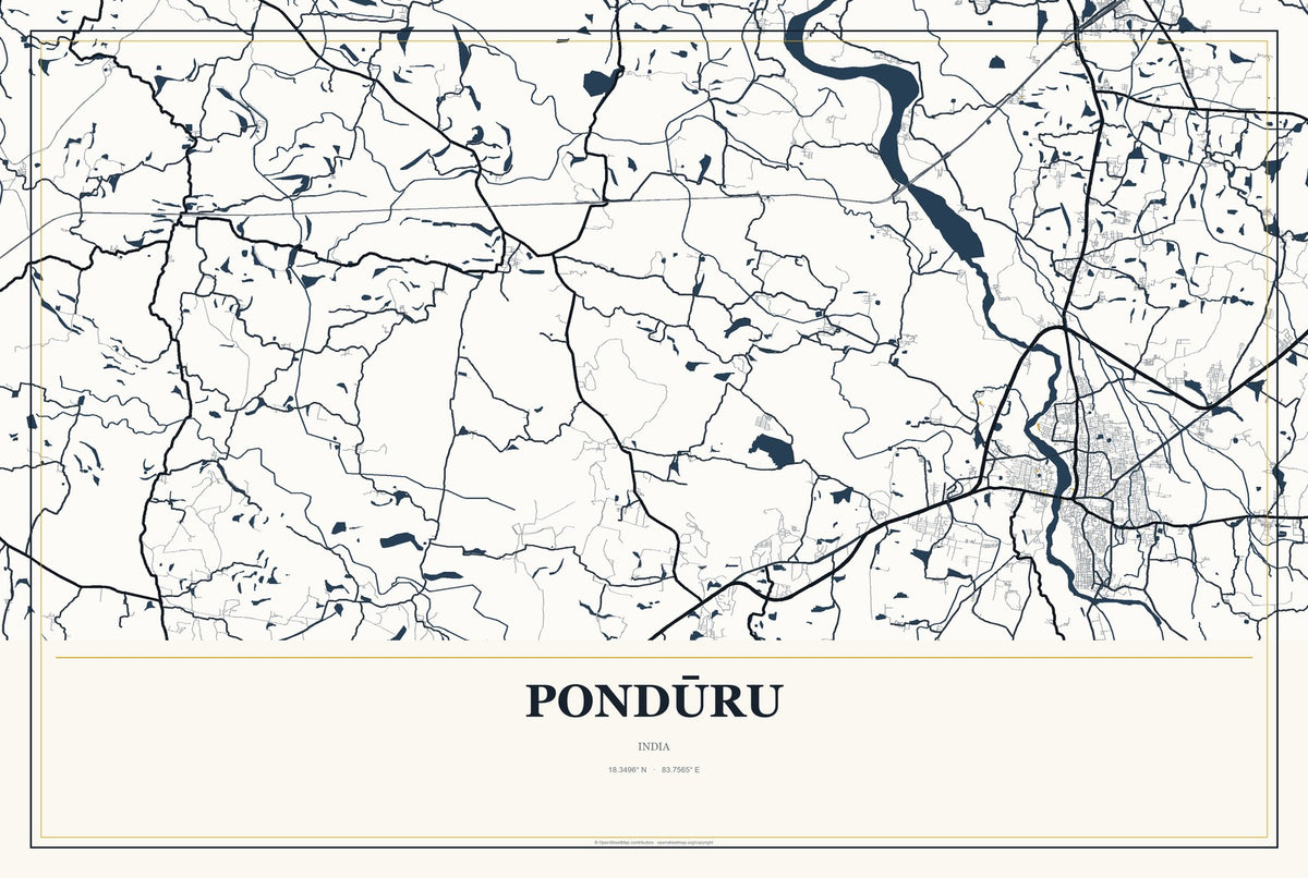 Pondūru, India City Map Aluminum Sign in Citrine Modern style