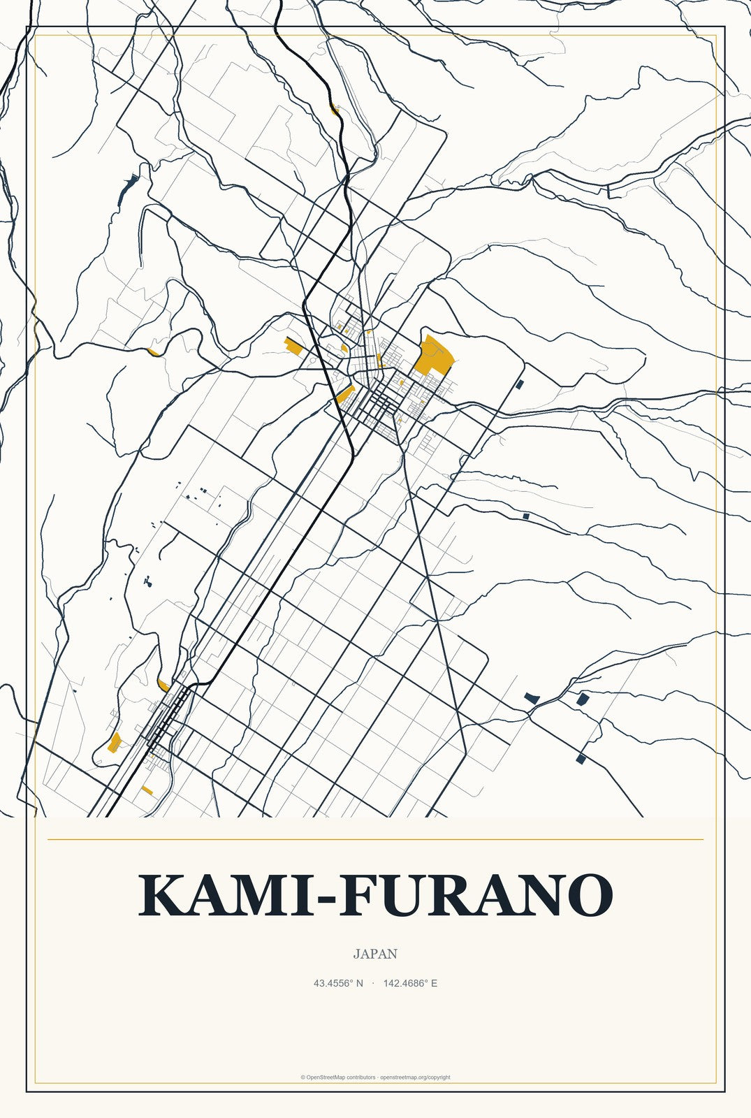 Kami-furano, Japan City Map Aluminum Sign in Citrine Modern style