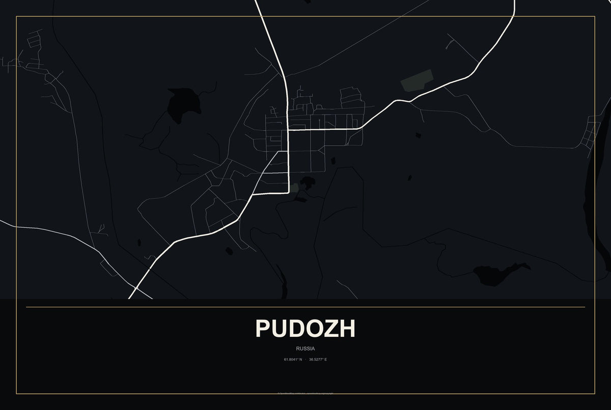 Pudozh, Russia City Map Aluminum Sign in Metropolitan Noir style