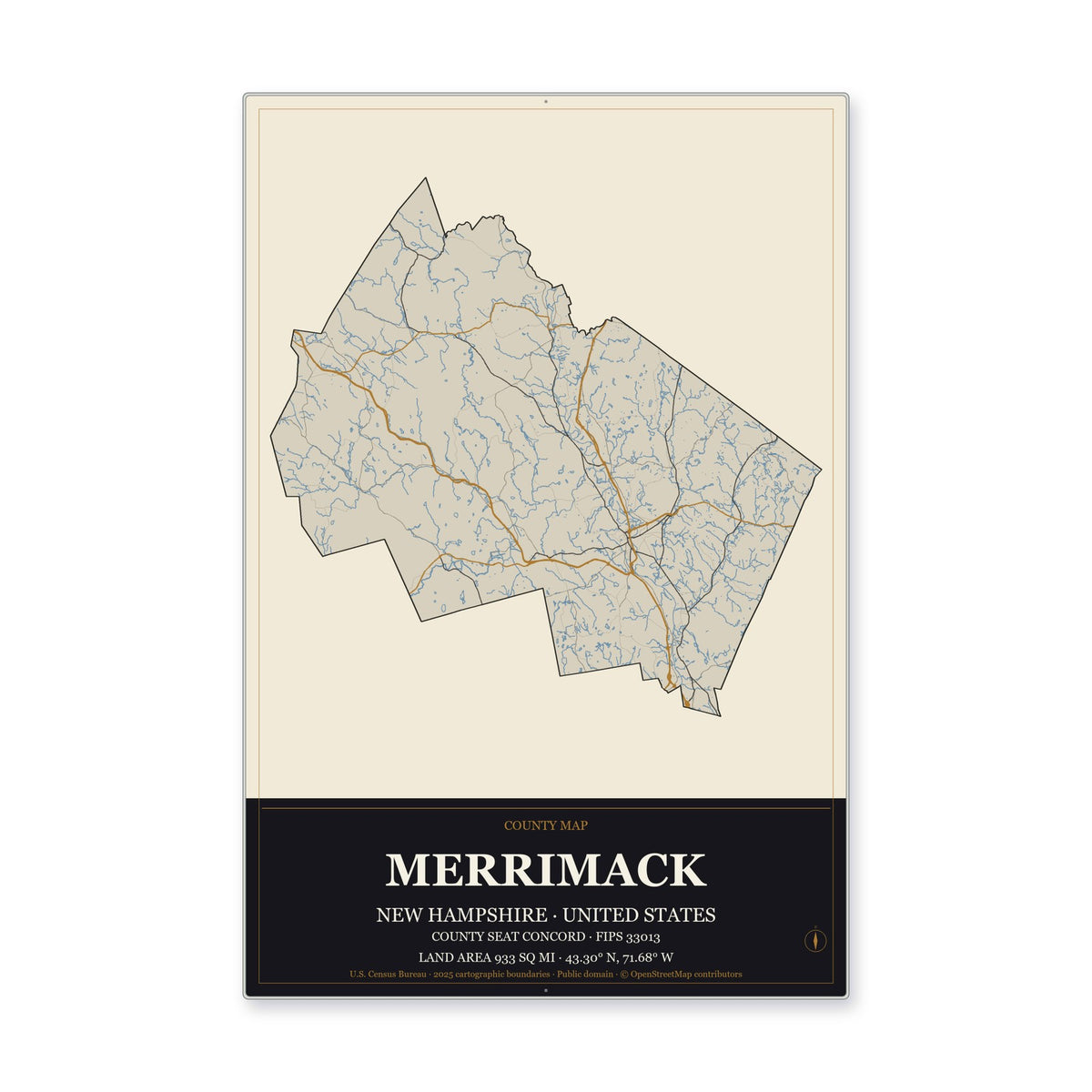 Merrimack County, New Hampshire Map Aluminum Sign in Museum Plaque style