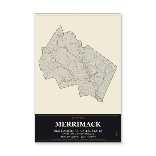 Merrimack County, New Hampshire Map Aluminum Sign in Museum Plaque style