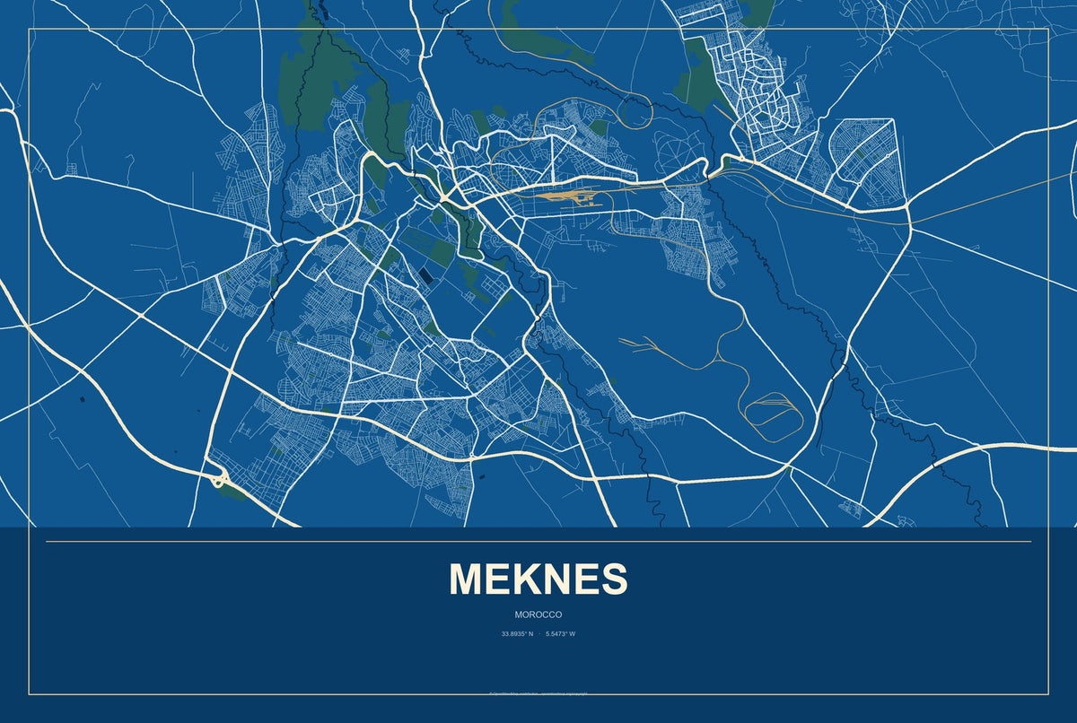 Meknes, Morocco City Map Aluminum Sign in Harbor Cobalt style