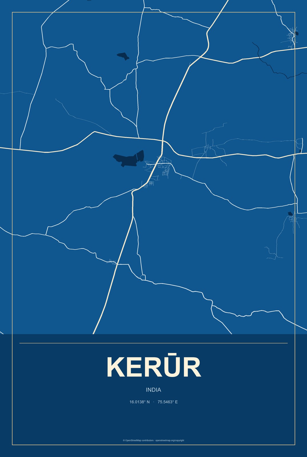 Kerūr, India City Map Aluminum Sign in Harbor Cobalt style