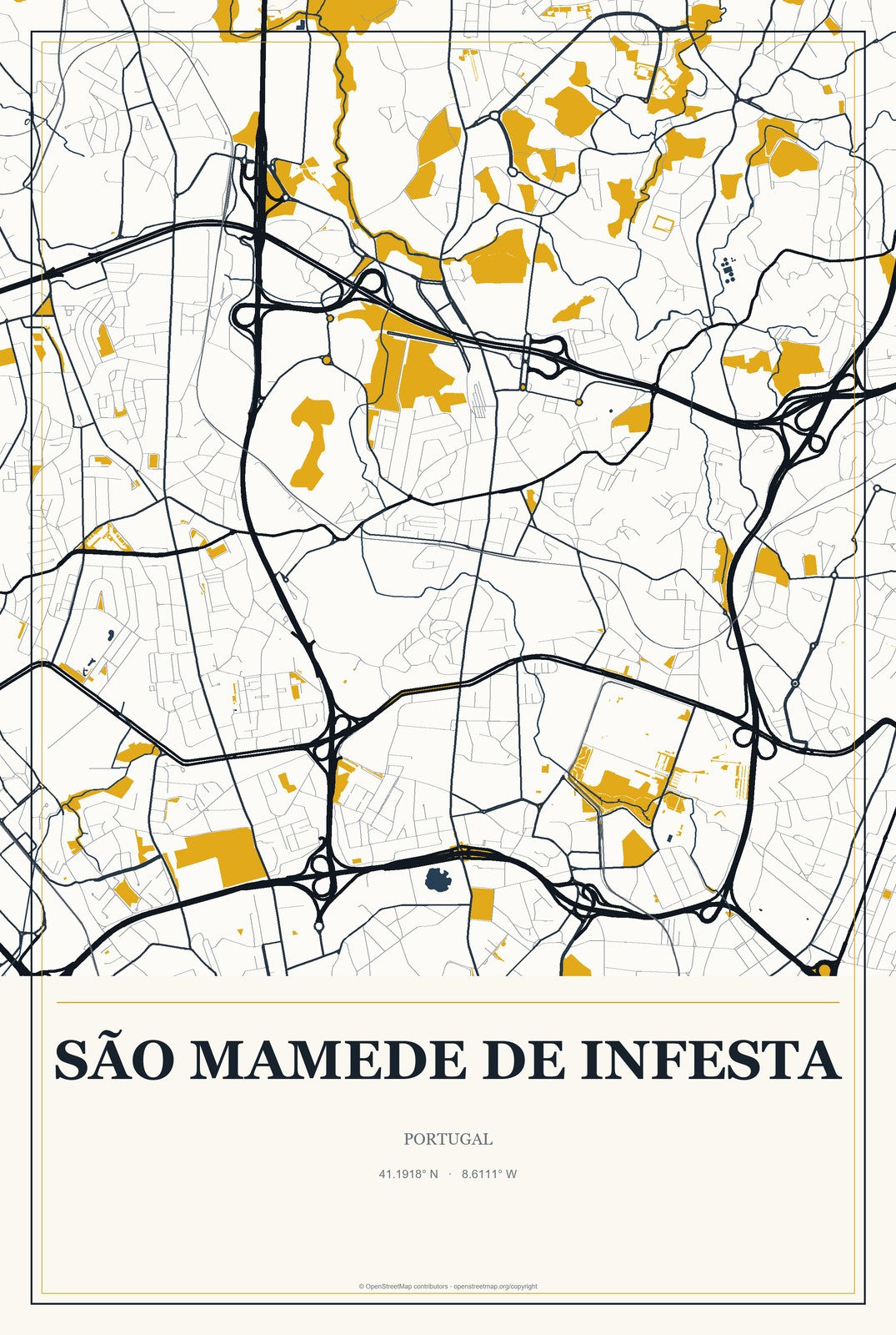 São Mamede de Infesta, Portugal City Map Aluminum Sign in Citrine Modern style