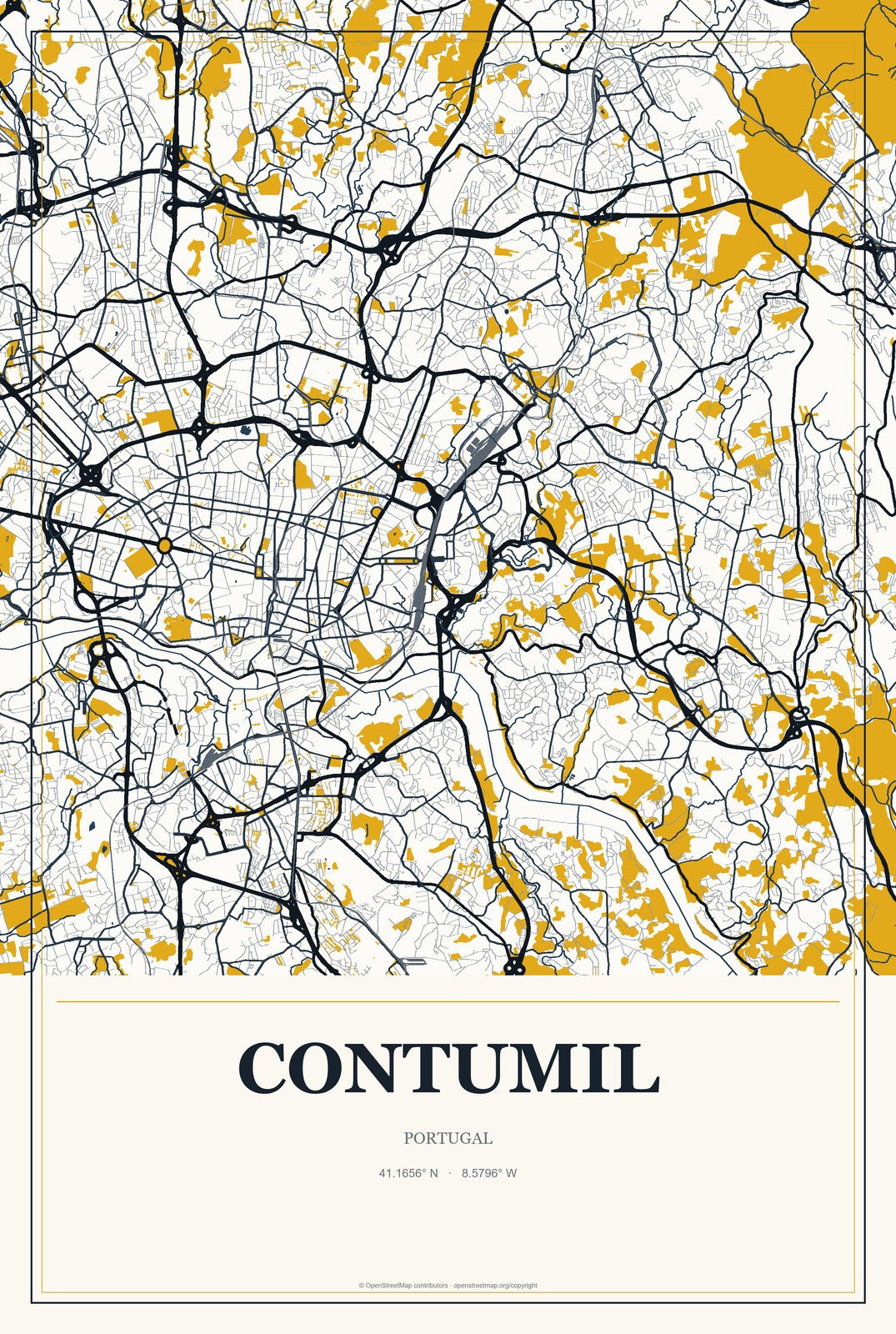 Contumil, Portugal City Map Aluminum Sign in Citrine Modern style