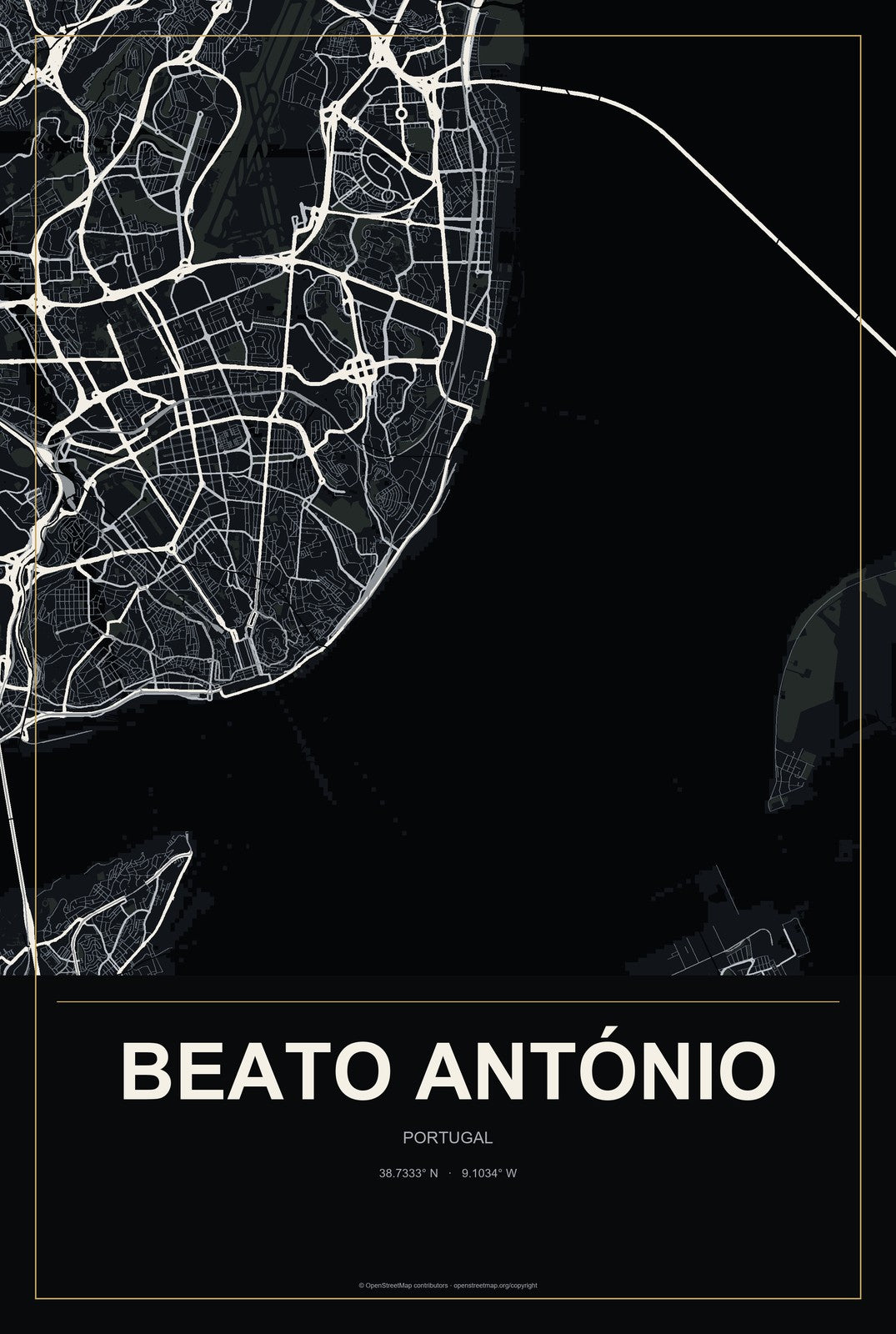Beato António, Portugal City Map Aluminum Sign in Metropolitan Noir style