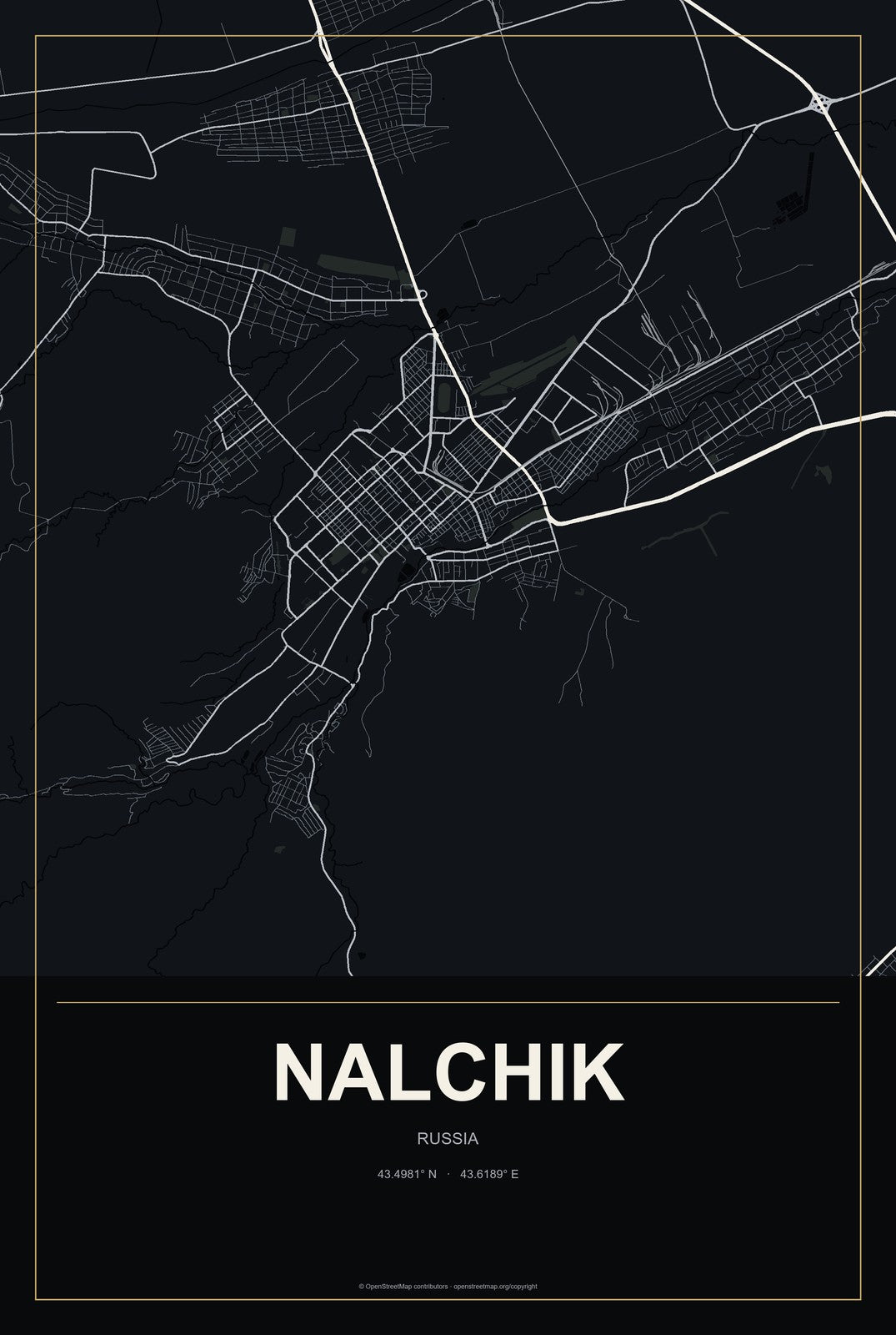 Nalchik, Russia City Map Aluminum Sign in Metropolitan Noir style