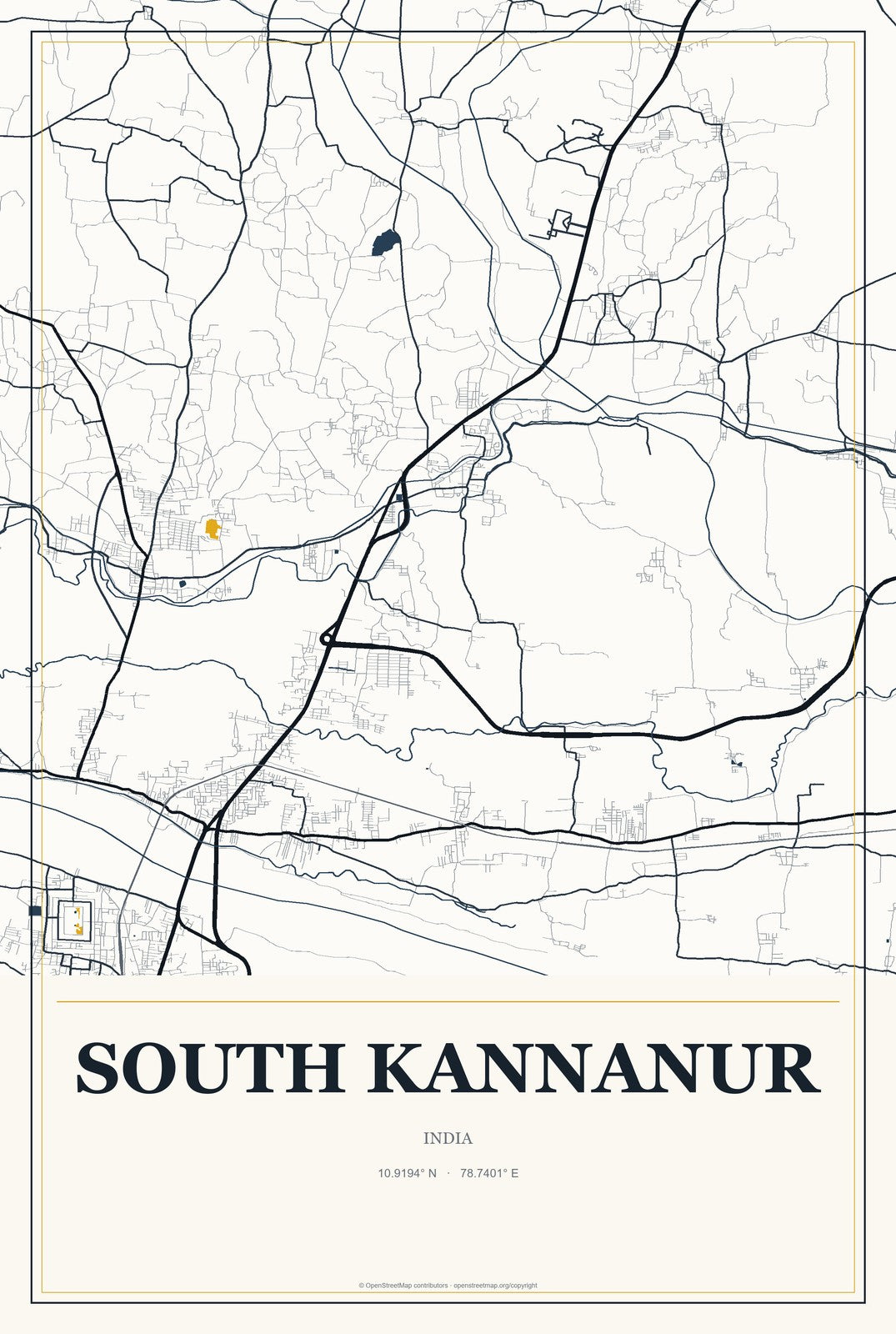 South Kannanur, India City Map Aluminum Sign in Citrine Modern style