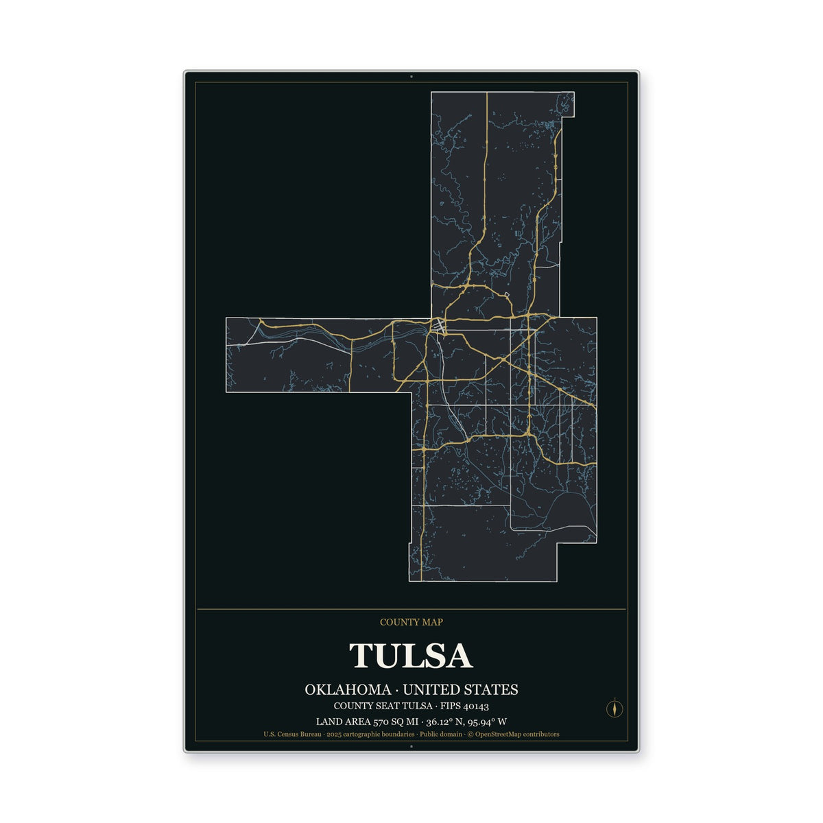 Tulsa County, Oklahoma Map Aluminum Sign in Metropolitan Noir style