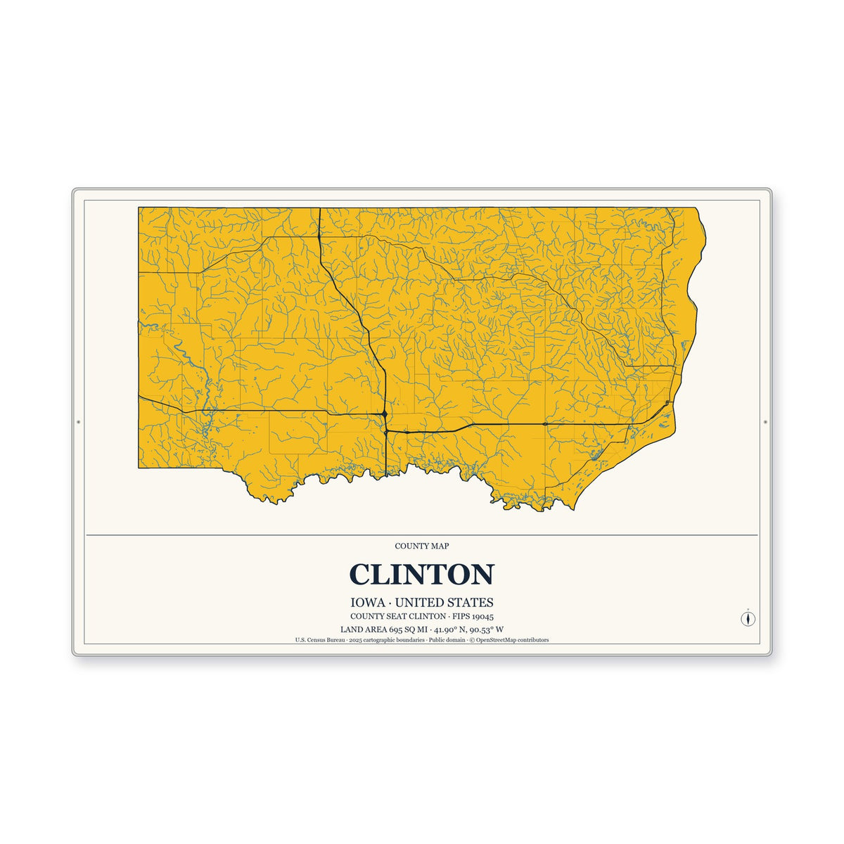 Clinton County, Iowa Map Aluminum Sign in Citrine Modern style