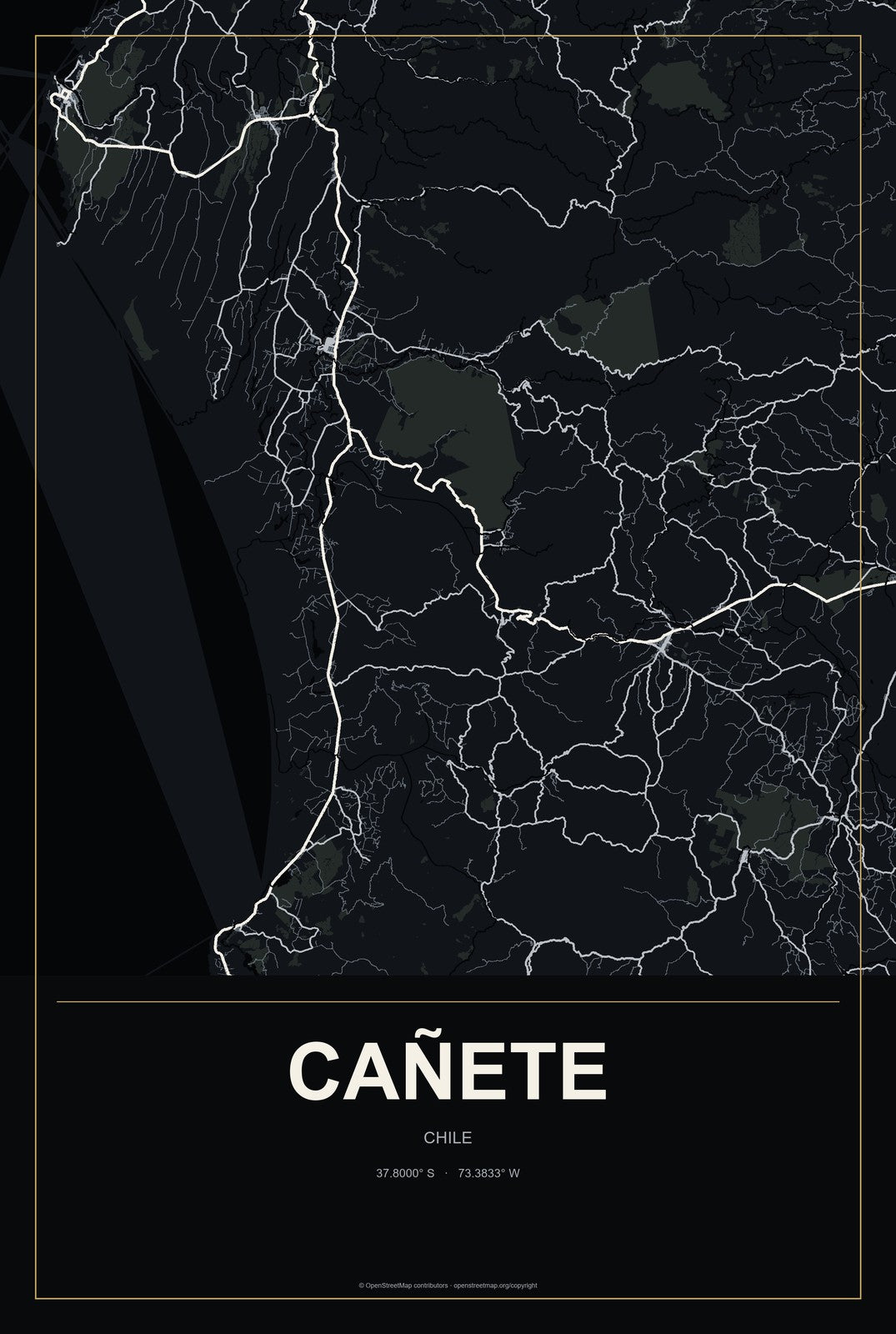 Cañete, Chile City Map Aluminum Sign in Metropolitan Noir style