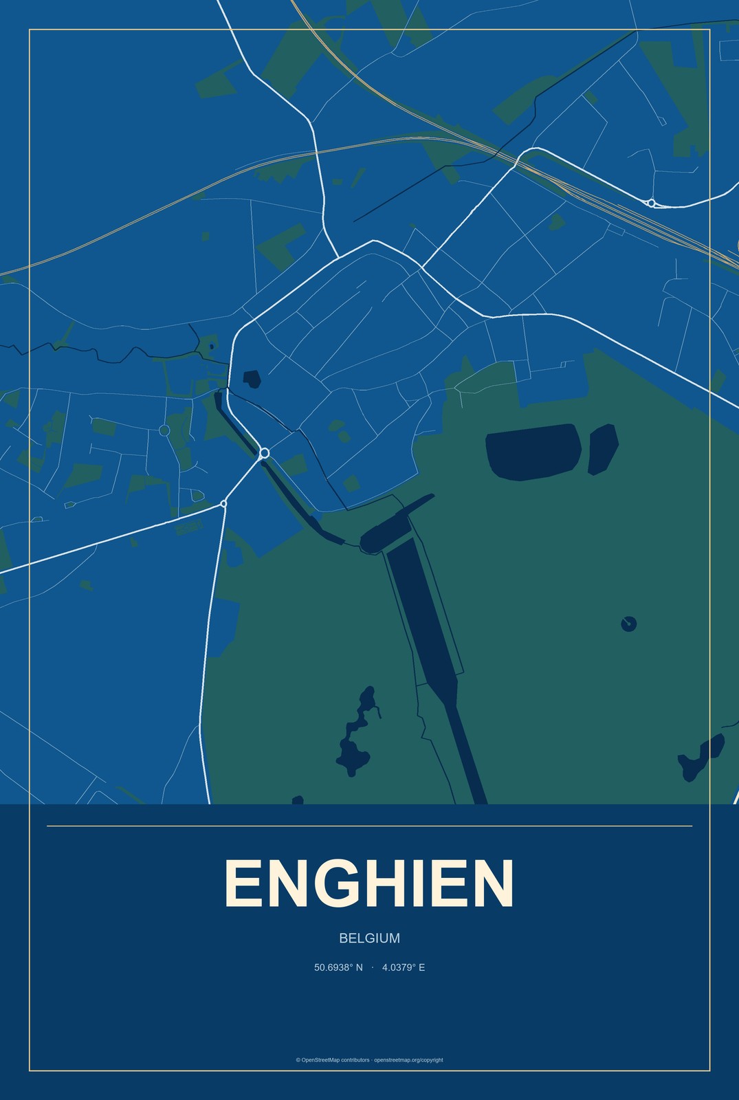 Enghien, Belgium City Map Aluminum Sign in Harbor Cobalt style