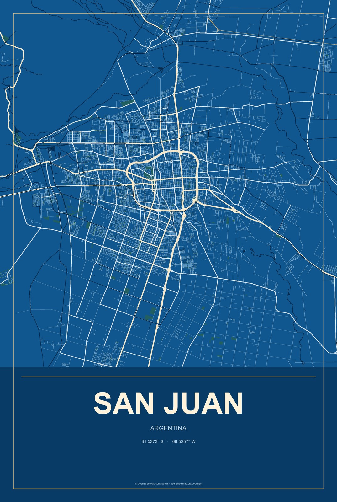 San Juan, Argentina City Map Aluminum Sign in Harbor Cobalt style