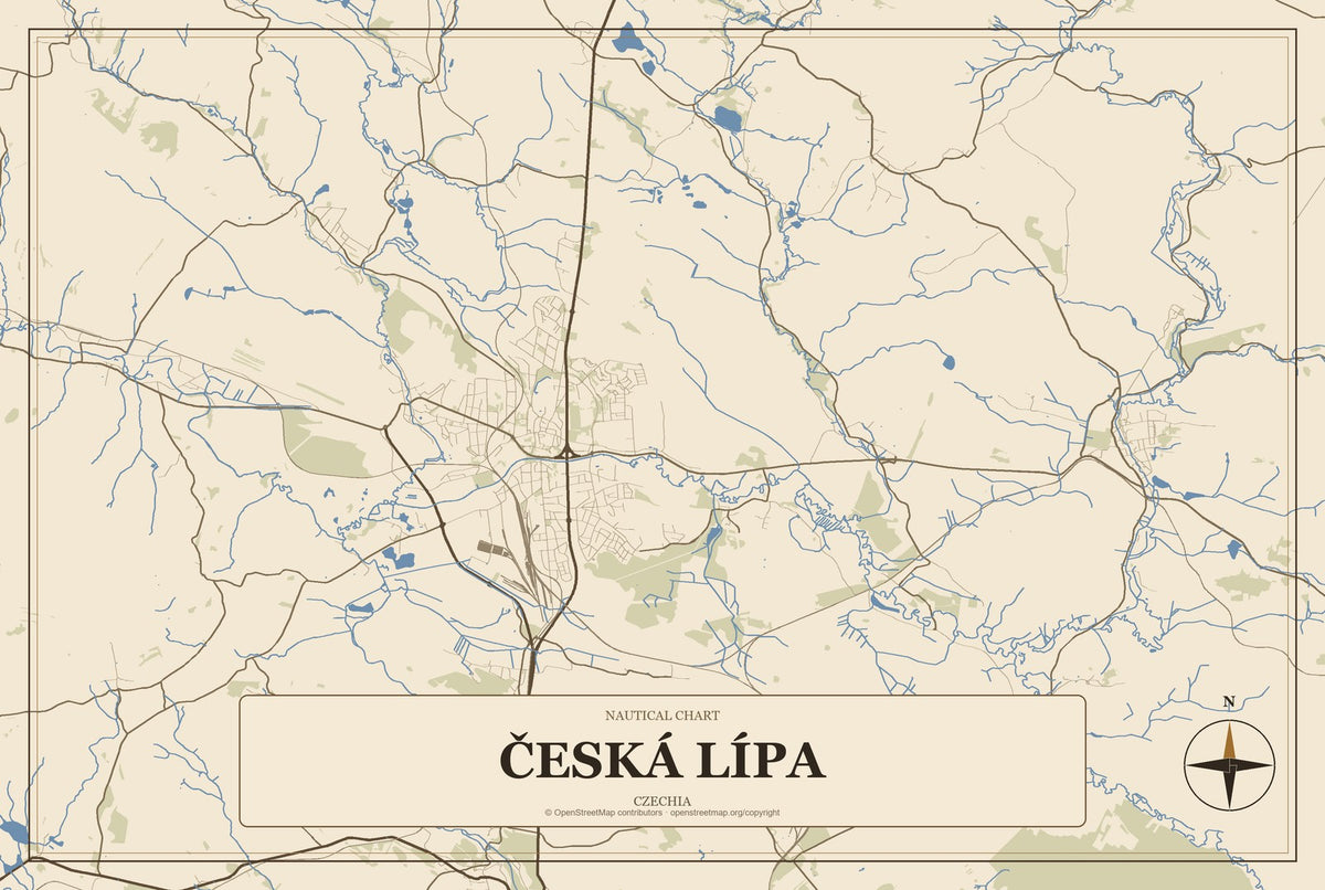 Česká Lípa, Czechia City Map Aluminum Sign in Heritage Nautical style