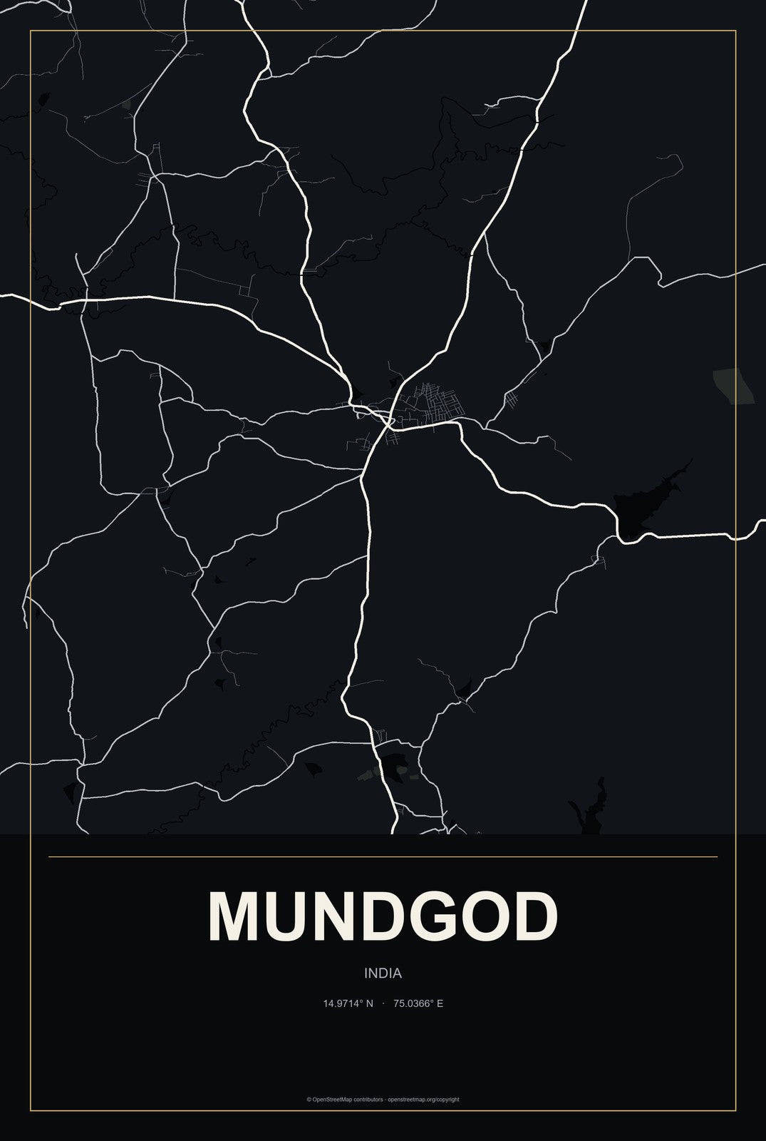 Mundgod, India City Map Aluminum Sign in Metropolitan Noir style