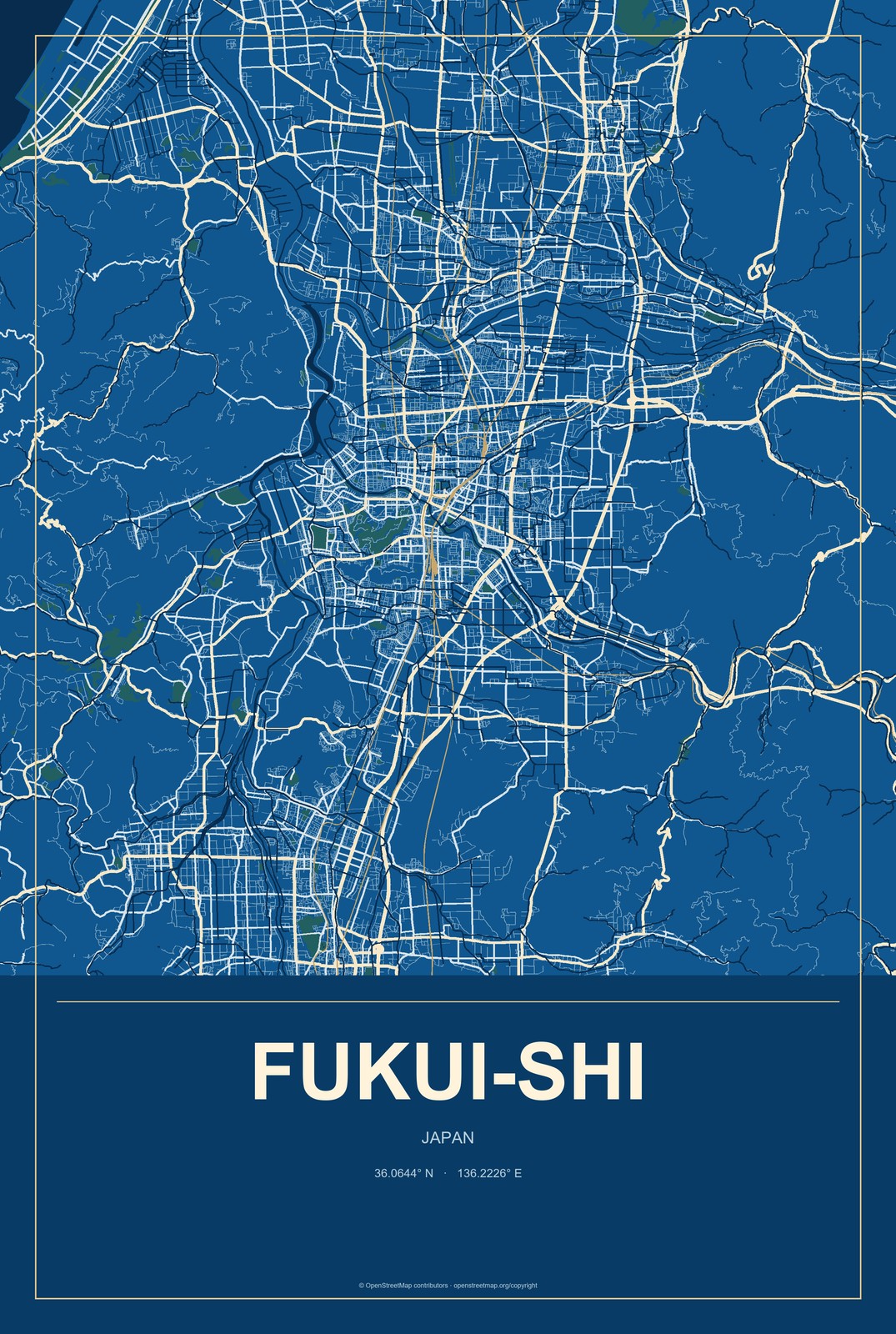 Fukui-shi, Japan City Map Aluminum Sign in Harbor Cobalt style