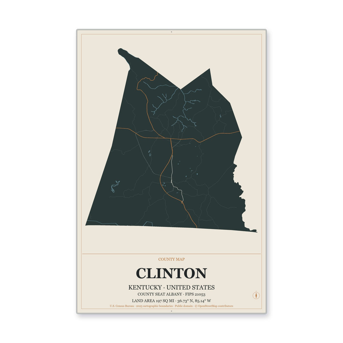Clinton County, Kentucky Map Aluminum Sign in Headline Atlas style