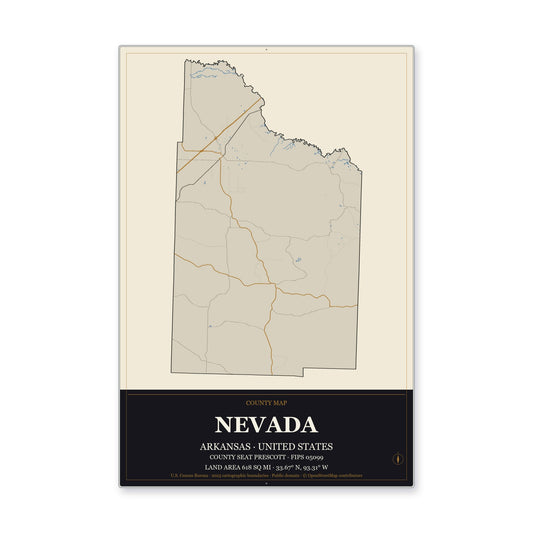 Nevada County, Arkansas Map Aluminum Sign in Museum Plaque style