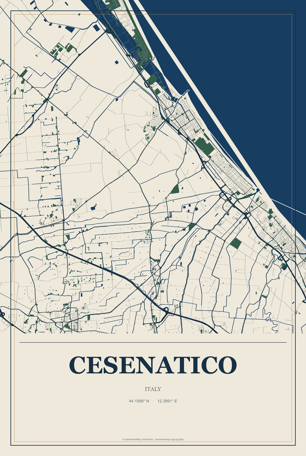 Cesenatico, Italy City Map Aluminum Sign in Coastal Cutout style