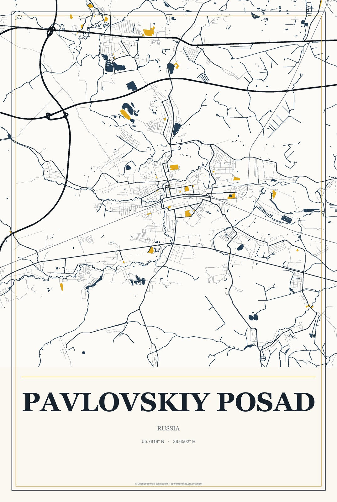 Pavlovskiy Posad, Russia City Map Aluminum Sign in Citrine Modern style