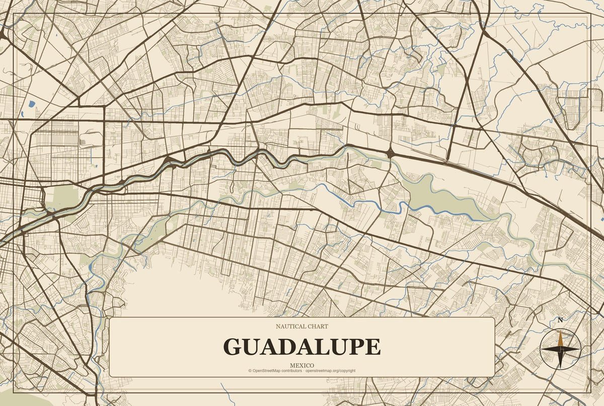 Guadalupe, Zacatecas, Mexico City Map Aluminum Sign in Heritage Nautical style