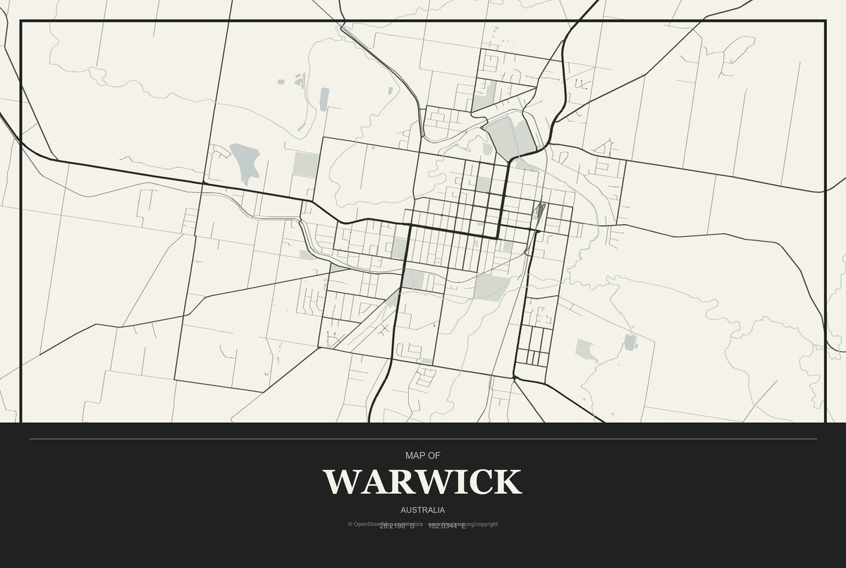 Warwick, Australia City Map Aluminum Sign in Museum Plaque style