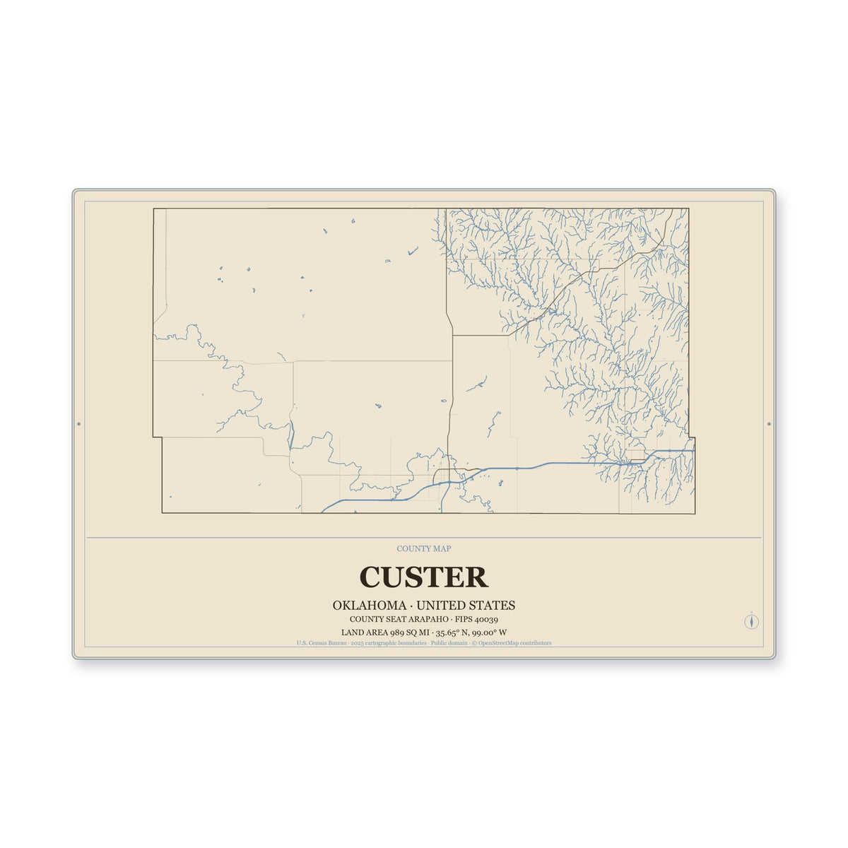 Custer County, Oklahoma Map Aluminum Sign in Heritage Nautical style
