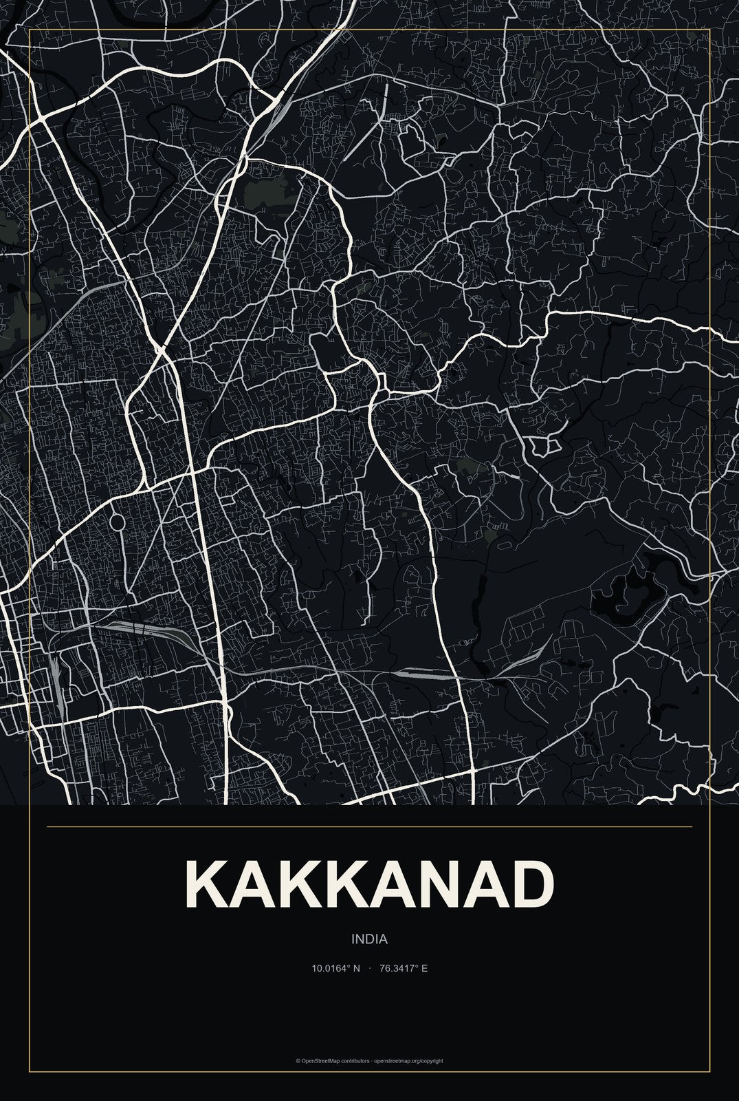Kakkanad, India City Map Aluminum Sign in Metropolitan Noir style