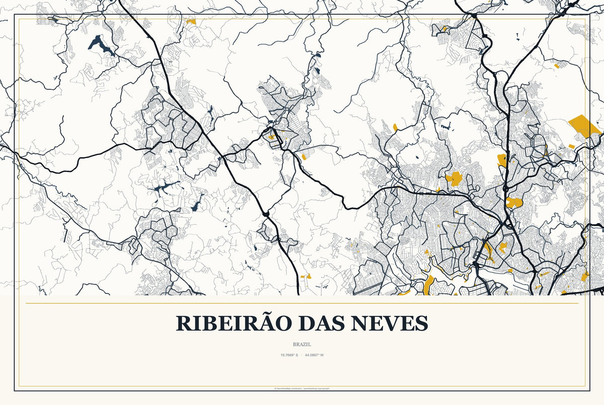 Ribeirão das Neves, Brazil City Map Aluminum Sign in Citrine Modern style
