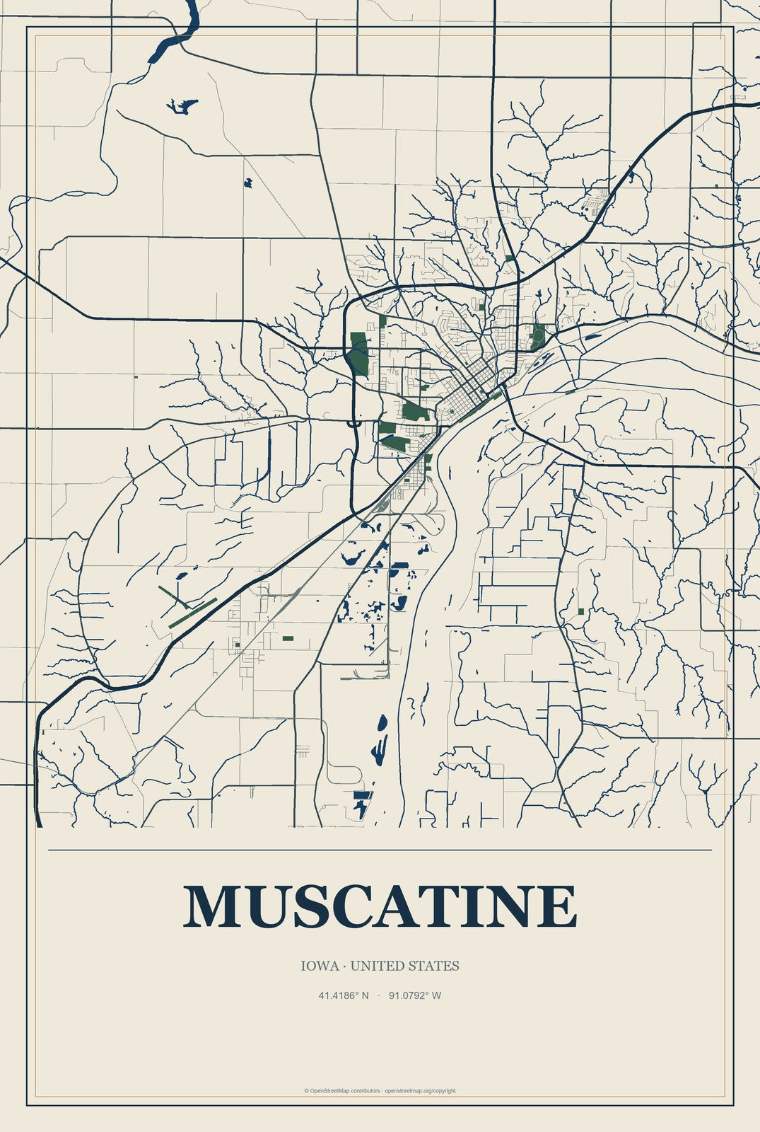 Muscatine, Iowa City Map Aluminum Sign in Coastal Cutout style