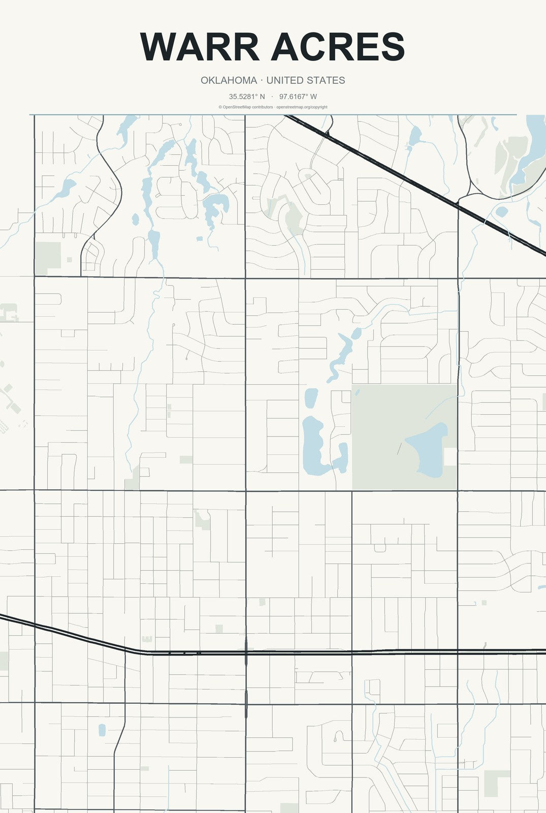 Warr Acres, Oklahoma City Map Aluminum Sign in Headline Atlas style