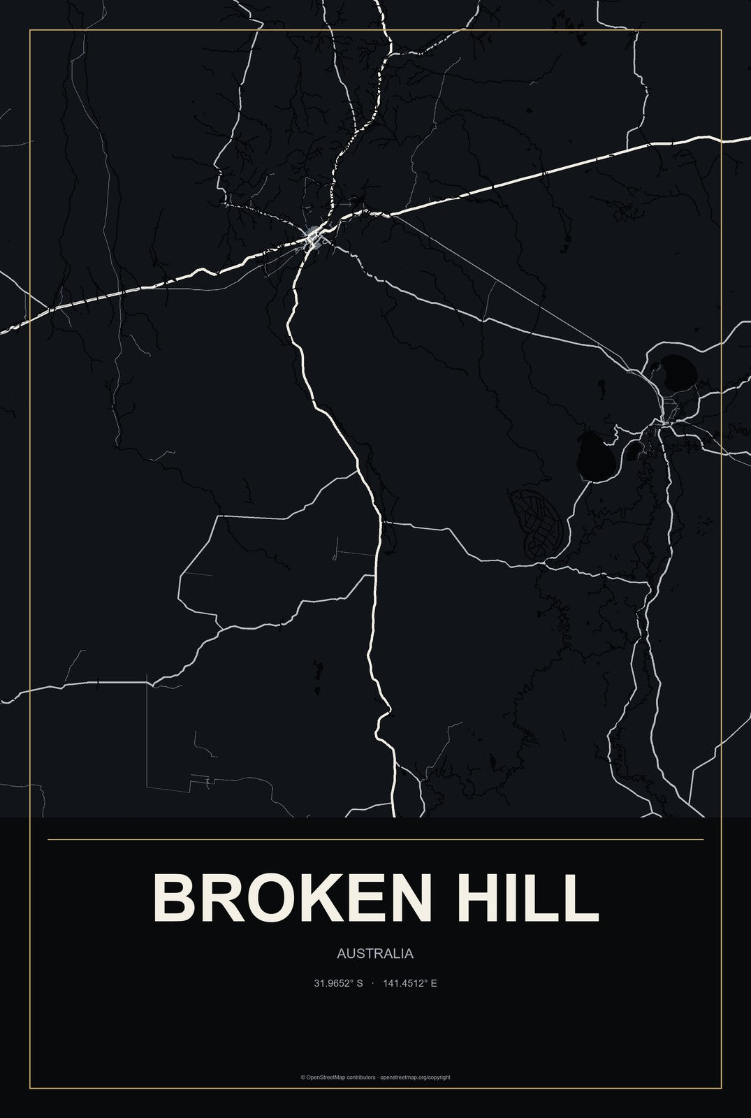 Broken Hill, Australia City Map Aluminum Sign in Metropolitan Noir style