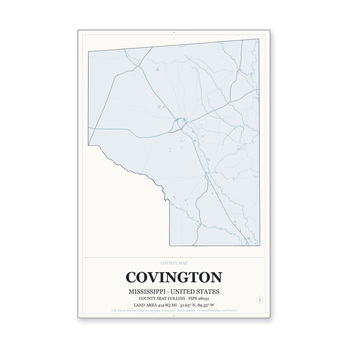 Covington County, Mississippi Map Aluminum Sign in Gallery Air style