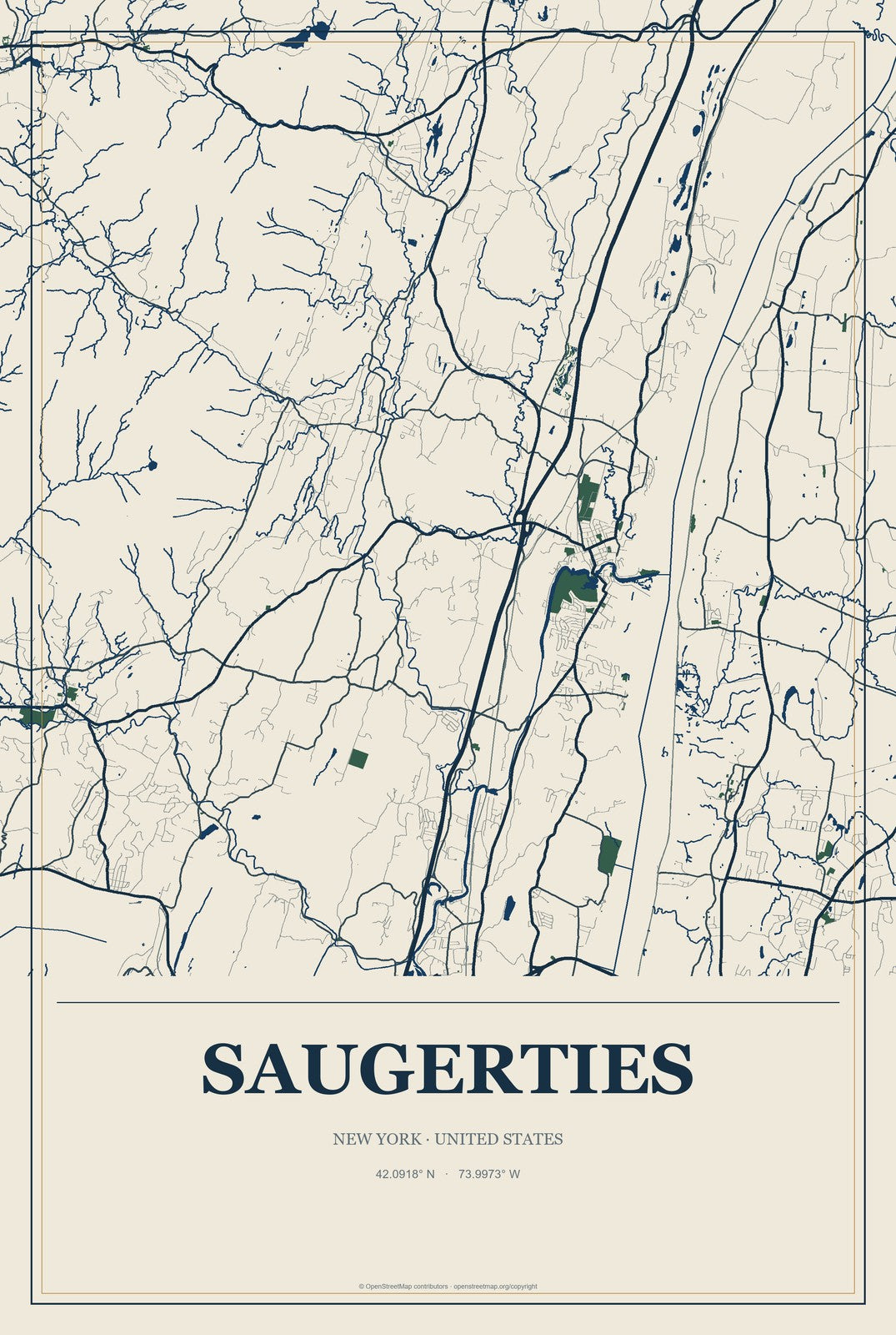 Saugerties, New York City Map Aluminum Sign in Coastal Cutout style