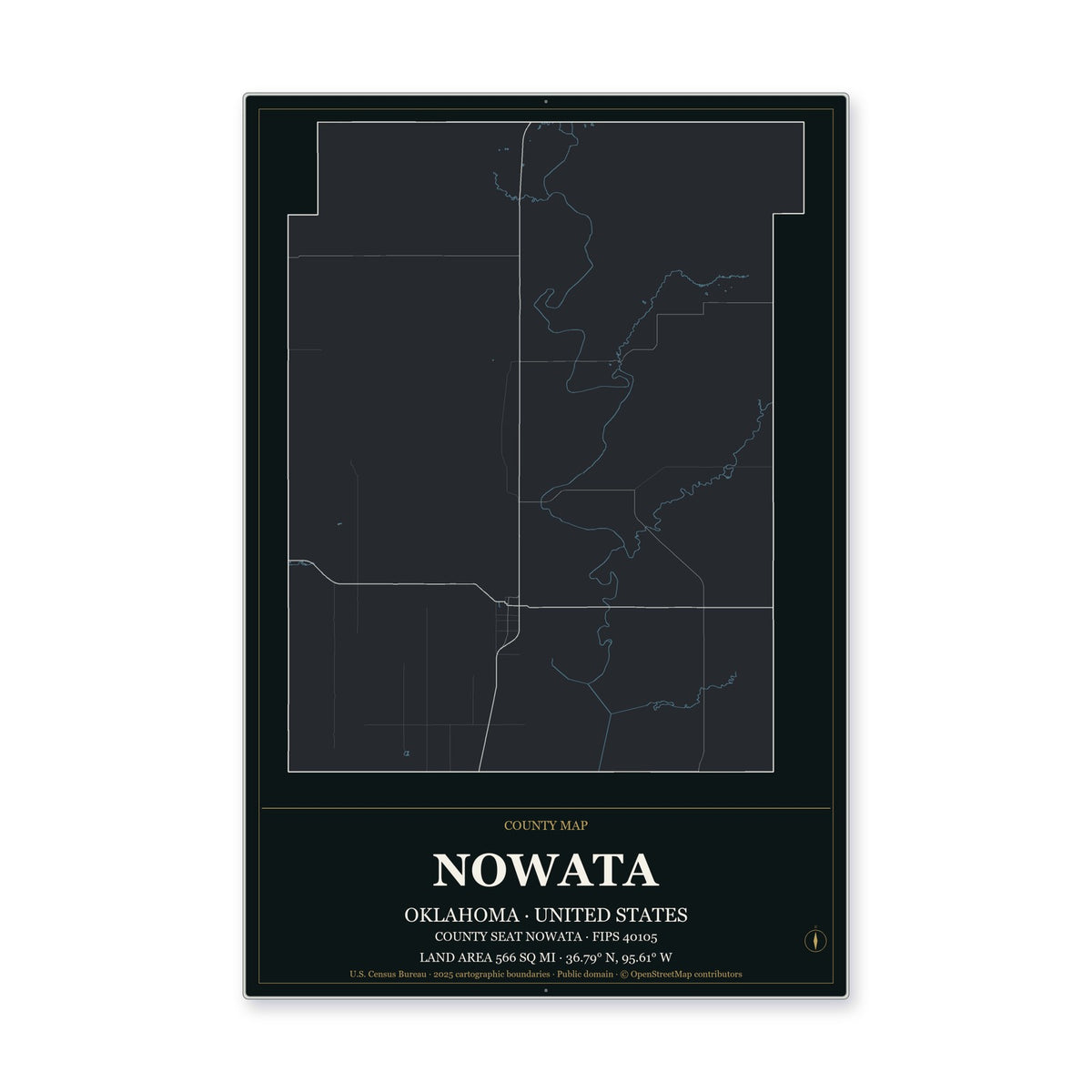 Nowata County, Oklahoma Map Aluminum Sign in Metropolitan Noir style
