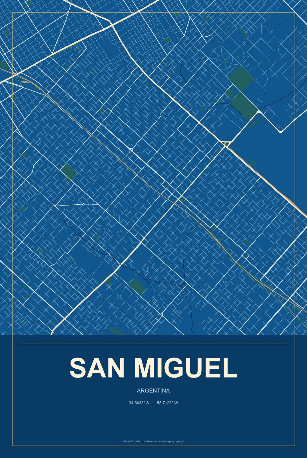 San Miguel, Argentina City Map Aluminum Sign in Harbor Cobalt style