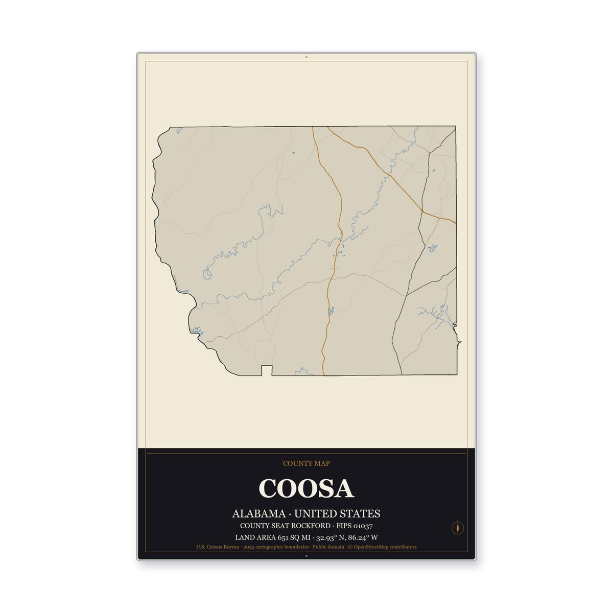 Coosa County, Alabama Map Aluminum Sign in Museum Plaque style