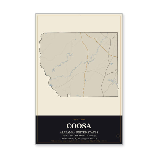 Coosa County, Alabama Map Aluminum Sign in Museum Plaque style