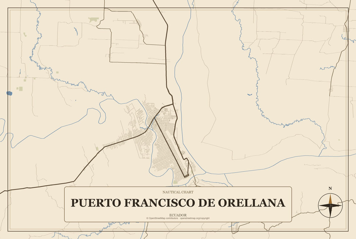 Puerto Francisco de Orellana, Ecuador City Map Aluminum Sign in Heritage Nautical style