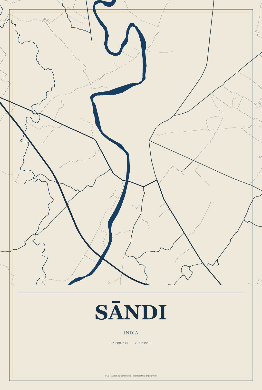 Sāndi, India City Map Aluminum Sign in Coastal Cutout style