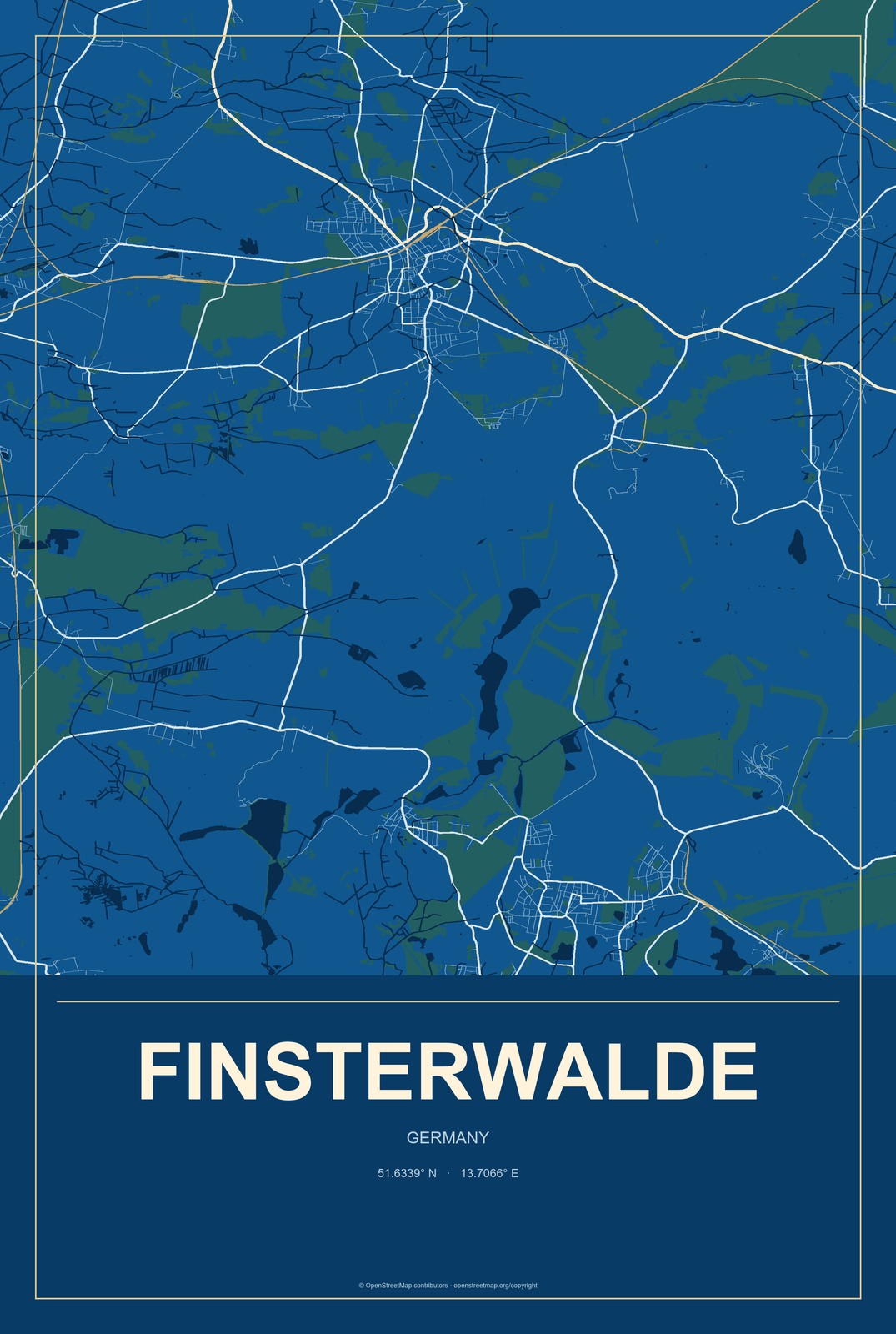 Finsterwalde, Germany City Map Aluminum Sign in Harbor Cobalt style