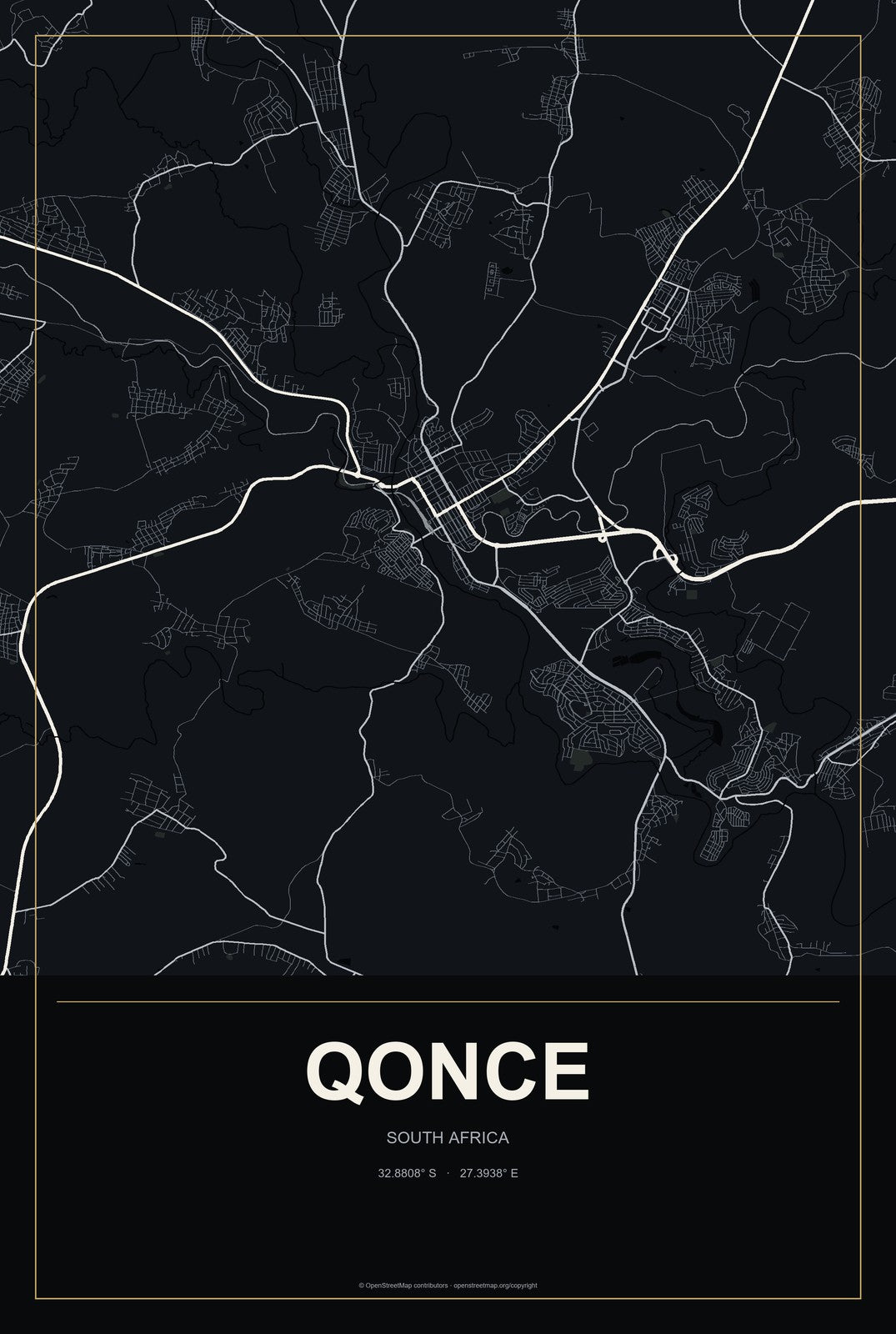 Qonce, South Africa City Map Aluminum Sign in Metropolitan Noir style