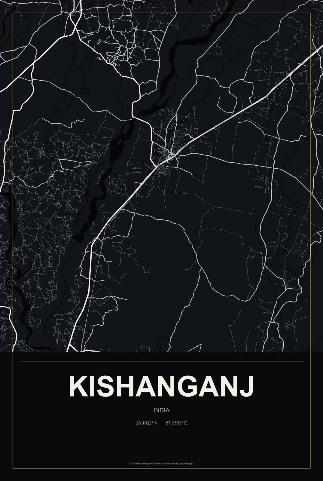 Kishanganj, India City Map Aluminum Sign in Metropolitan Noir style