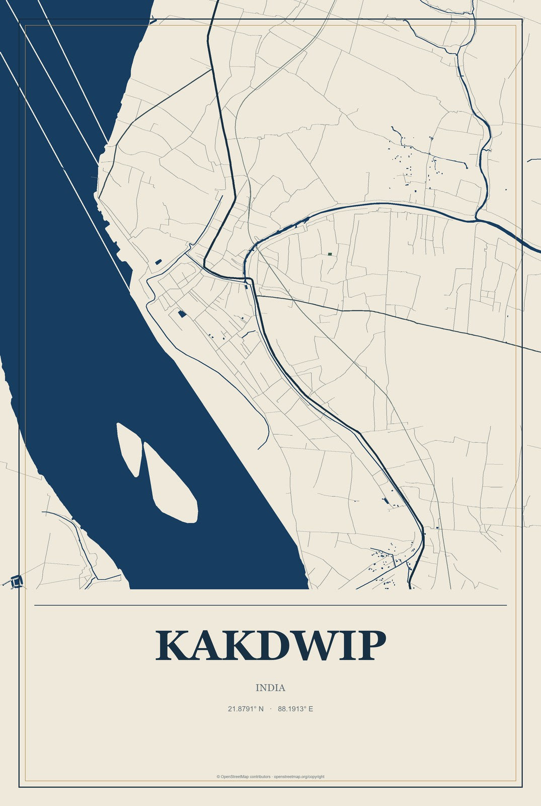 Kakdwip, India City Map Aluminum Sign in Coastal Cutout style