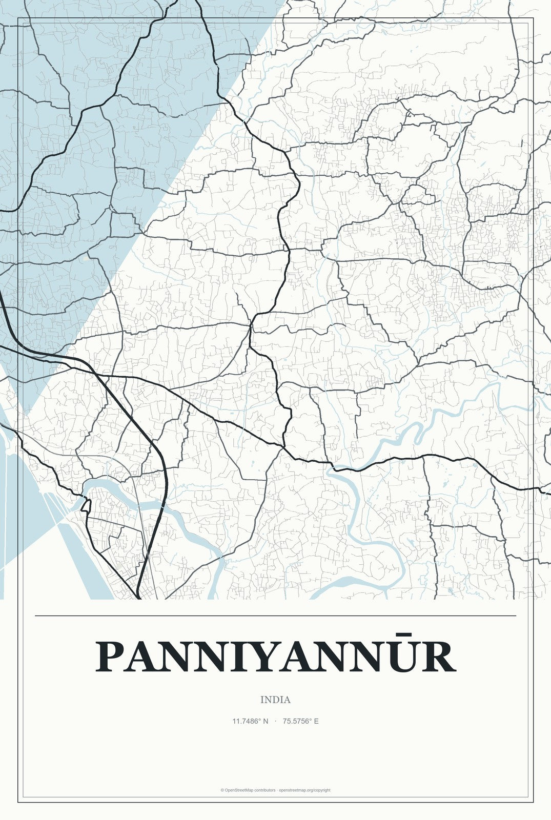 Panniyannūr, India City Map Aluminum Sign in Gallery Air style