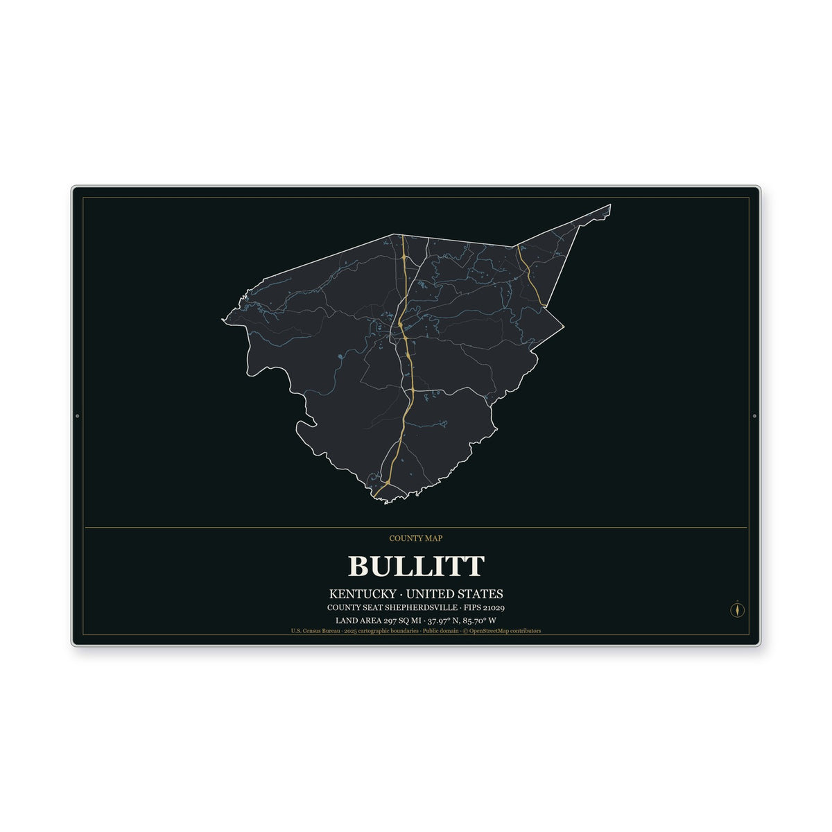 Bullitt County, Kentucky Map Aluminum Sign in Metropolitan Noir style