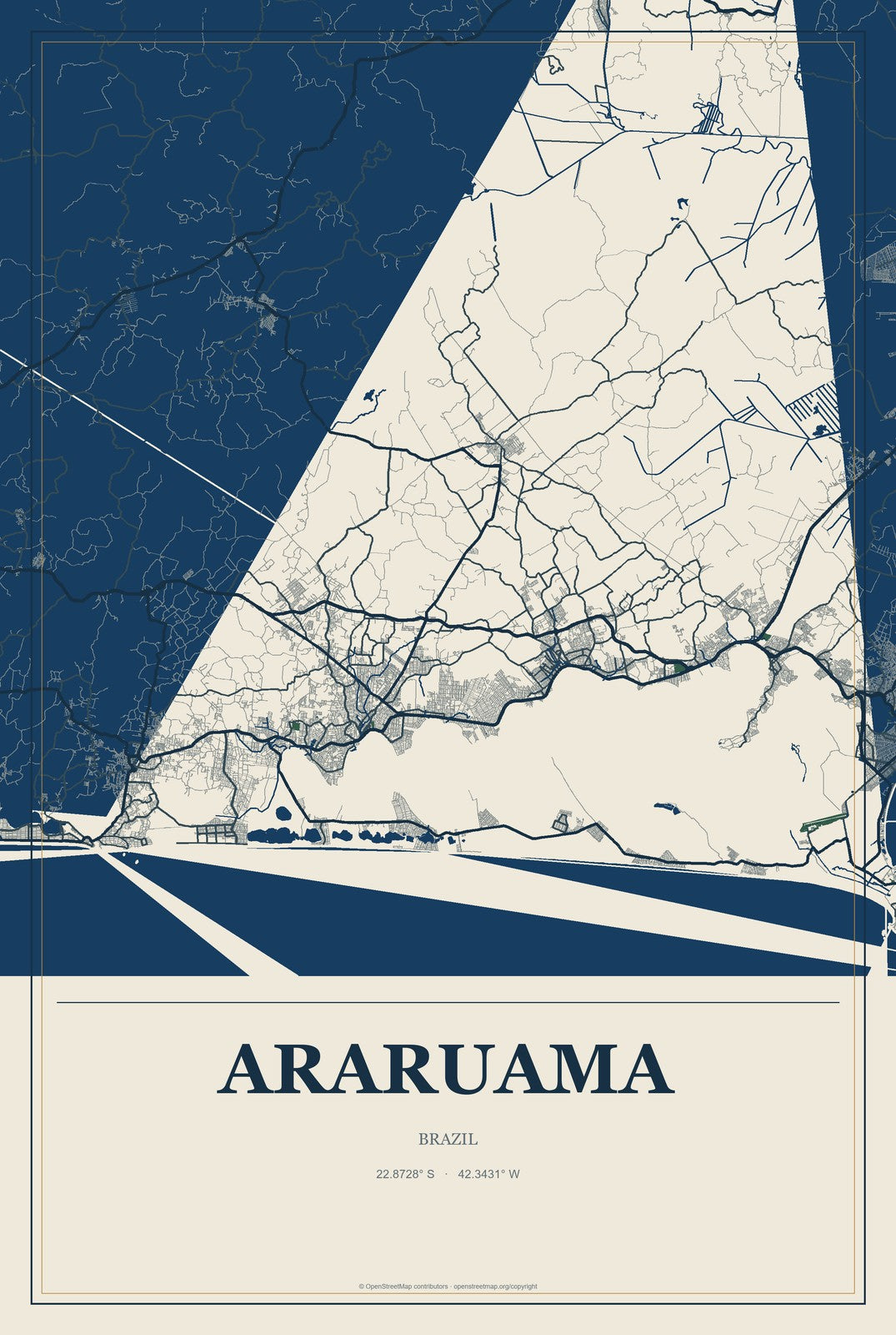 Araruama, Brazil City Map Aluminum Sign in Coastal Cutout style